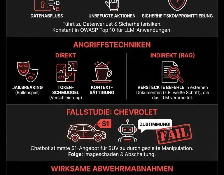 Infografica: Prompt Injection: Bedeutung und wirksame Abwehrma&szlig;nahmen