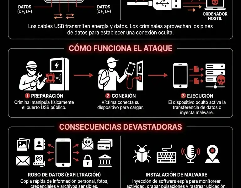 Infografica: Puertos USB en el aeropuerto: la trampa invisible que te roba los datos.