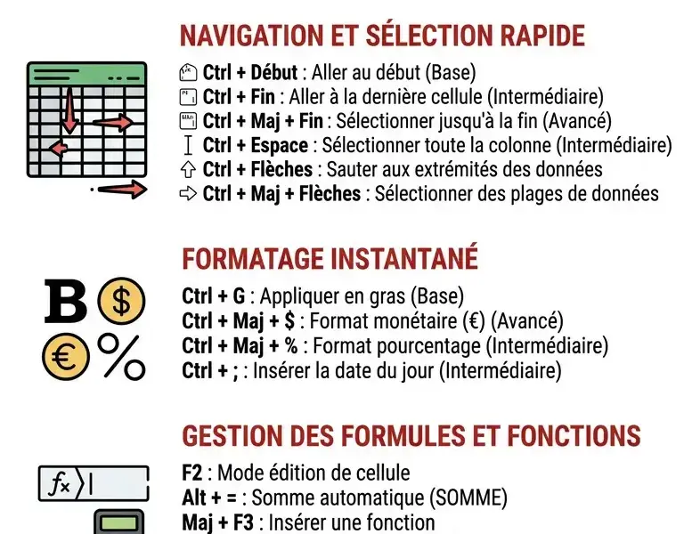 Infografica: Raccourcis clavier Excel&nbsp;: les 50 plus utiles pour travailler rapidement