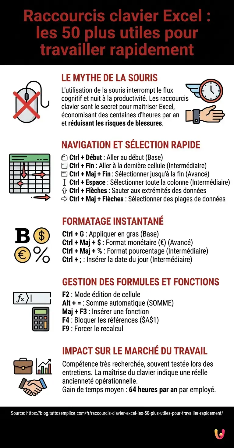 Raccourcis clavier Excel&nbsp;: les 50 plus utiles pour travailler rapidement - Infographie r&eacute;sumant