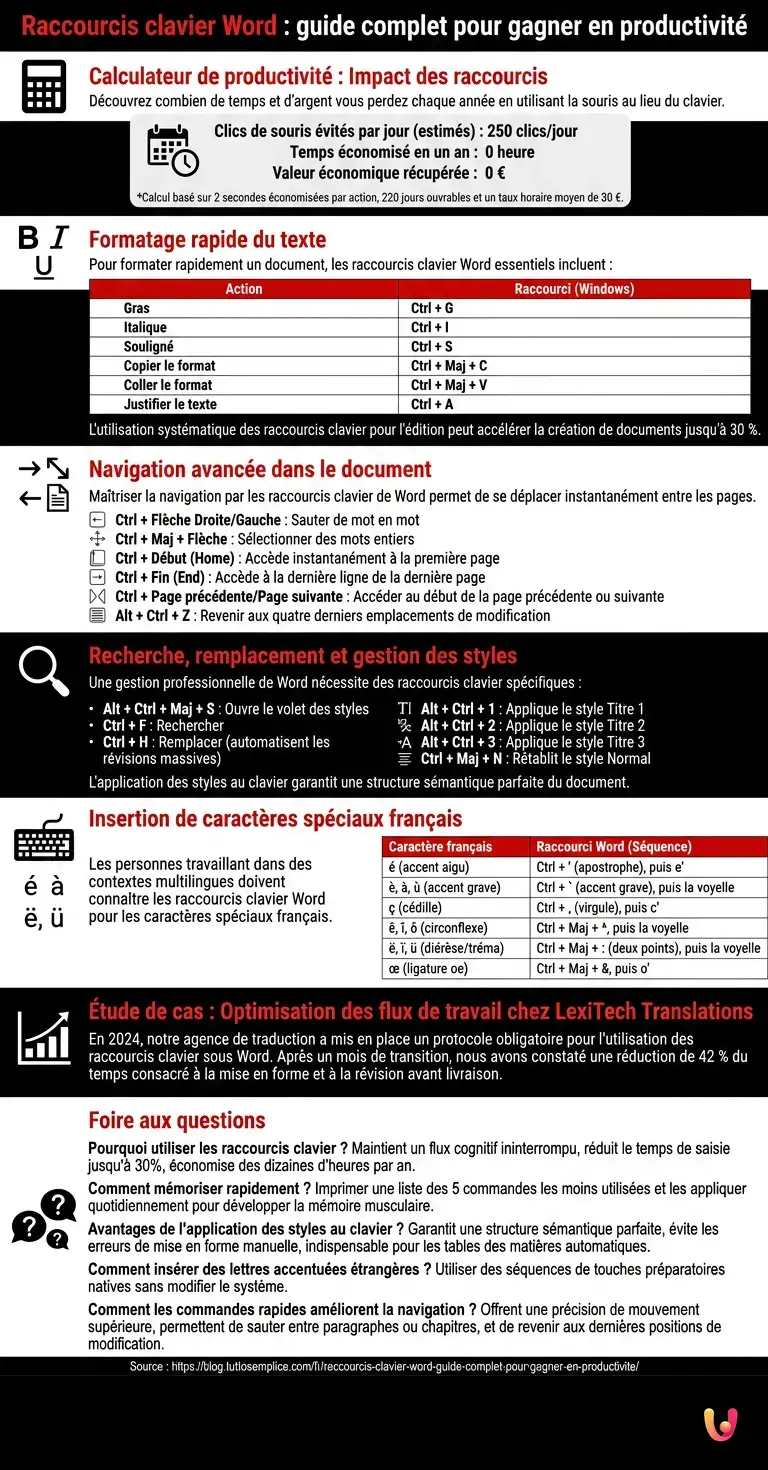 Raccourcis clavier Word&nbsp;: guide complet pour gagner en productivit&eacute; - Infographie r&eacute;sumant