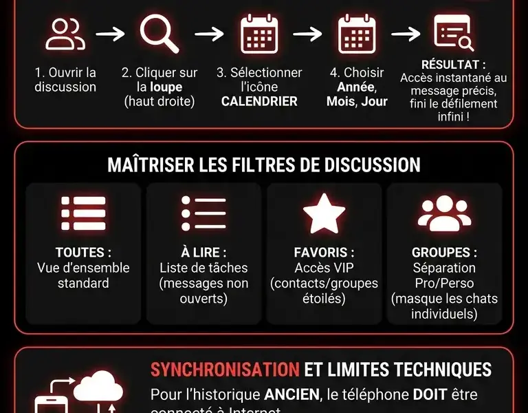 Infografica: Recherche par date et filtres de discussion sur WhatsApp Web : le guide