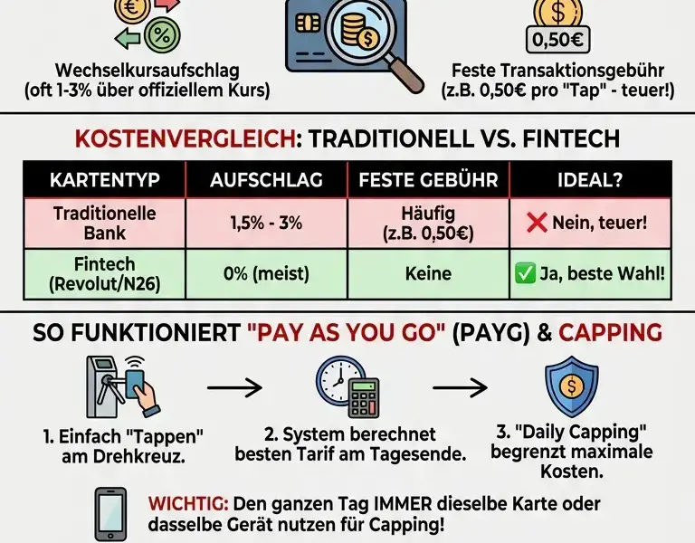Infografica: Reisen ins Ausland mit einer kontaktlosen Karte: Verkehrsmittel und Geb&uuml;hren