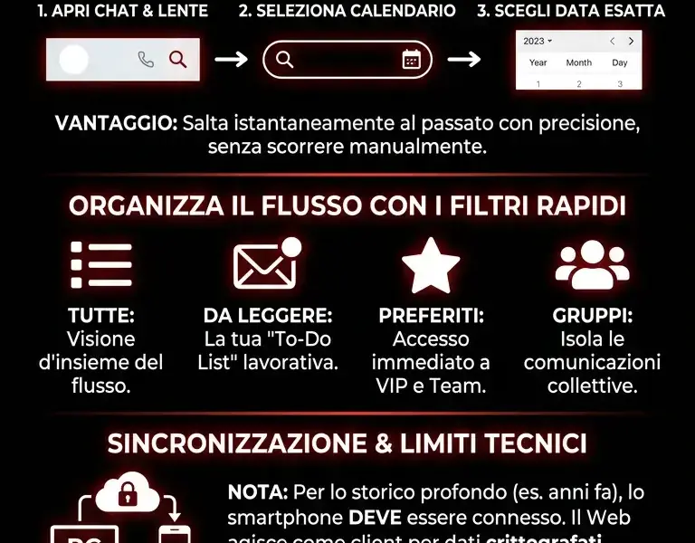 Infografica: Ricerca per data e filtri chat su WhatsApp Web: la guida