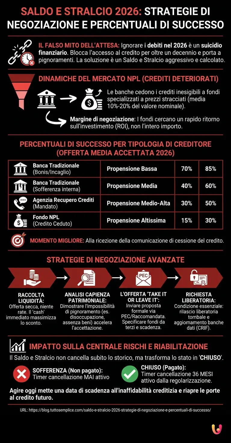 Saldo e Stralcio 2026: Strategie di Negoziazione e Percentuali di Successo - Infografica riassuntiva