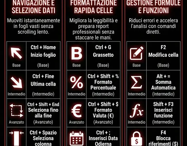 Infografica: Scorciatoie da tastiera Excel: le 50 pi&ugrave; utili per lavorare velocemente
