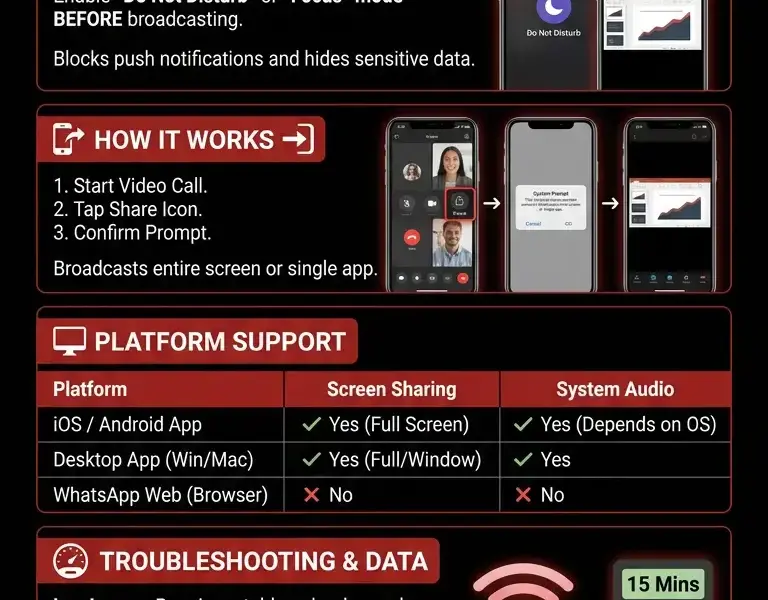 Infografica: Screen Sharing During Video Calls: How to Give Presentations on WhatsApp