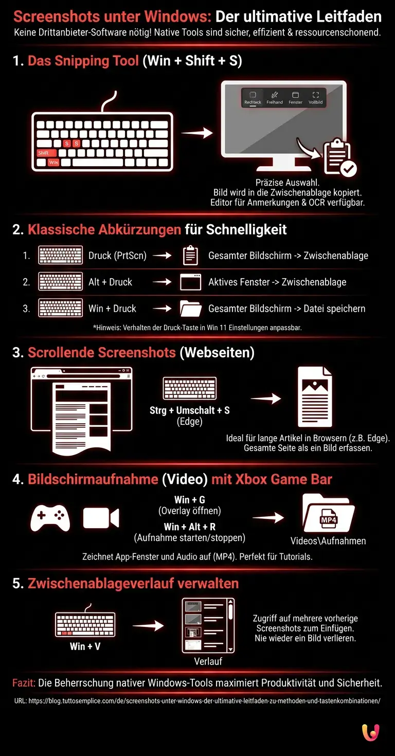Screenshots unter Windows: Der ultimative Leitfaden zu Methoden und Tastenkombinationen - Zusammenfassende Infografik