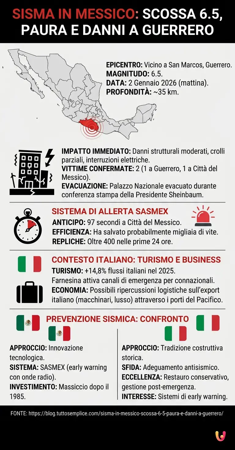 Sisma in Messico: Scossa 6.5, Paura e Danni a Guerrero - Infografica riassuntiva
