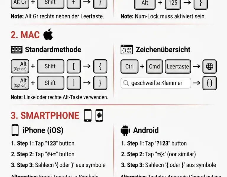Infografica: So erstellen Sie geschweifte Klammern ({ }): Anleitung f&uuml;r PC, Mac und Smartphone