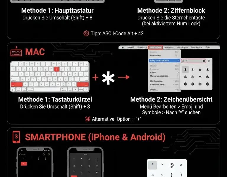 Infografica: So erzeugt man das Sternchen (*) auf der Tastatur: PC, Mac und Smartphone