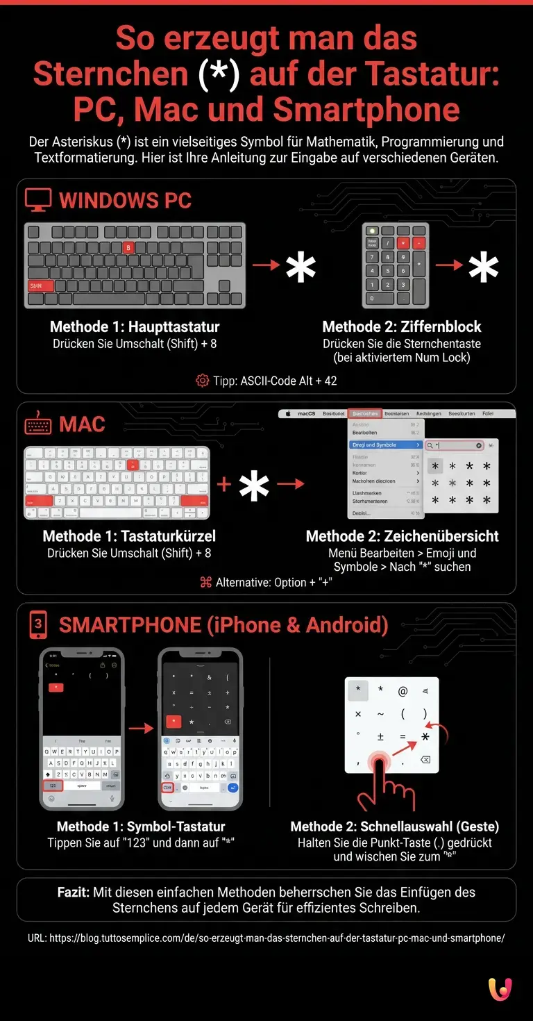 So erzeugt man das Sternchen (*) auf der Tastatur: PC, Mac und Smartphone - Zusammenfassende Infografik