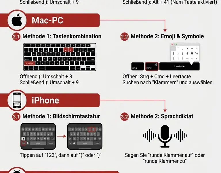Infografica: So f&uuml;gen Sie runde Klammern auf PC, Mac und Smartphone ein