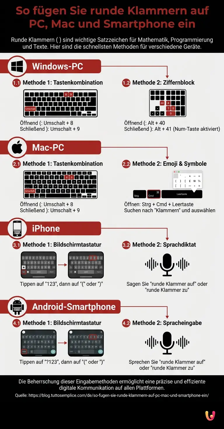 So f&uuml;gen Sie runde Klammern auf PC, Mac und Smartphone ein - Zusammenfassende Infografik