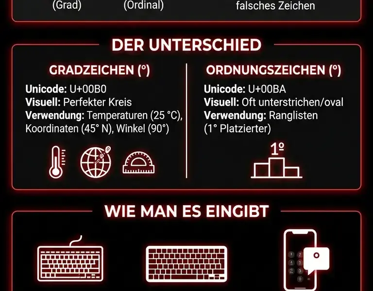 Infografica: So geben Sie das Gradzeichen (&deg;) auf Ihrer Tastatur ein: Komplette Anleitung