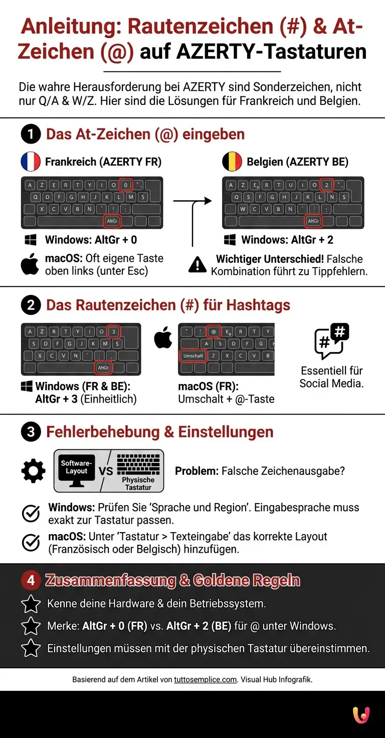 So geben Sie das Rautenzeichen (#) und das At-Zeichen (@) ein: Anleitung f&uuml;r AZERTY-Tastaturen - Zusammenfassende Infografik