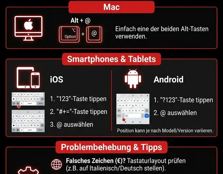 Infografica: So geben Sie das @-Zeichen auf PC, Mac und Smartphone ein