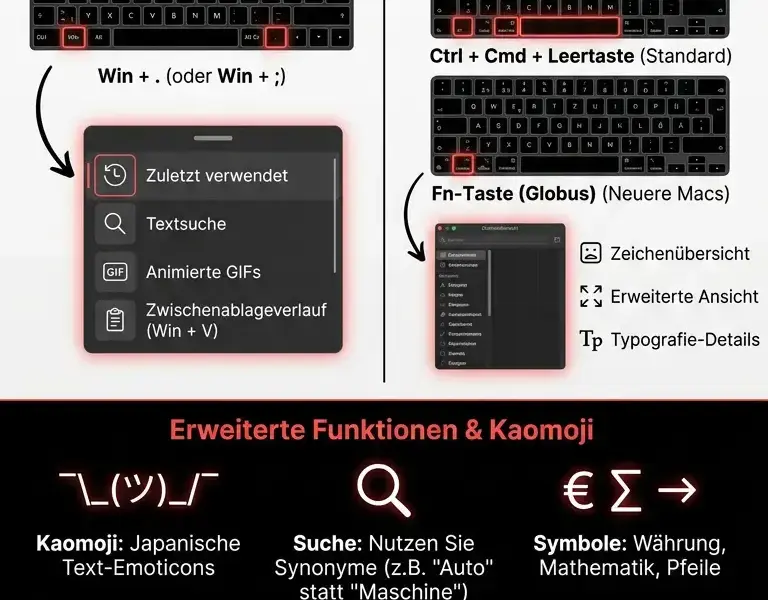 Infografica: So geben Sie Emojis &uuml;ber die Tastatur unter Windows und Mac ein