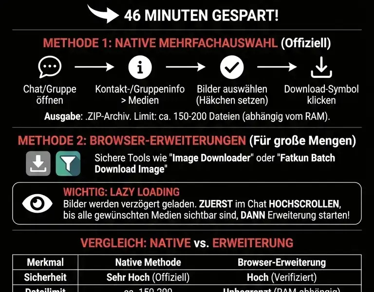 Infografica: So laden Sie Fotos und Videos massenhaft von WhatsApp Web herunter: Anleitung zum Bulk-Download