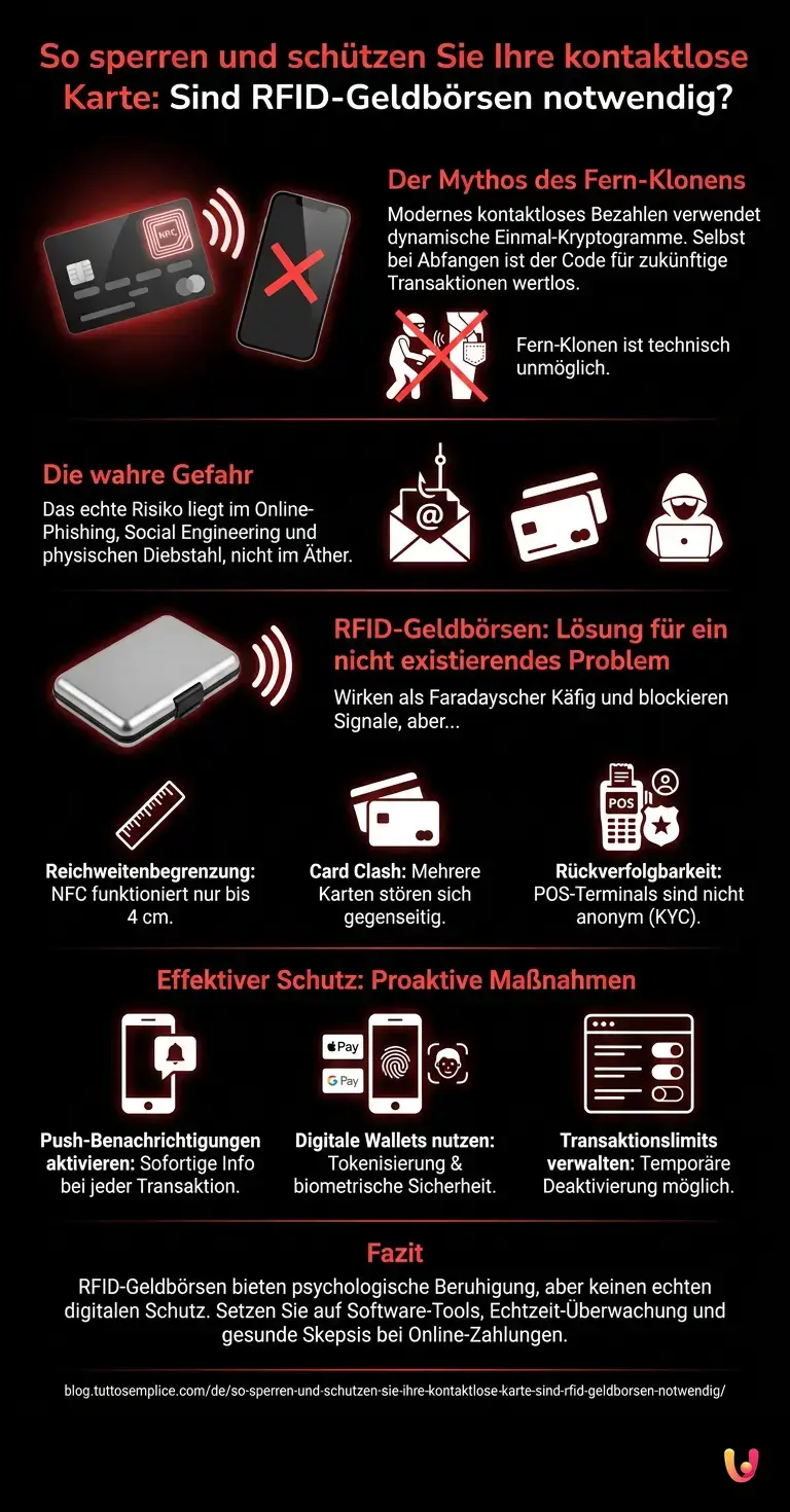 So sperren und sch&uuml;tzen Sie Ihre kontaktlose Karte: Sind RFID-Geldb&ouml;rsen notwendig? - Zusammenfassende Infografik