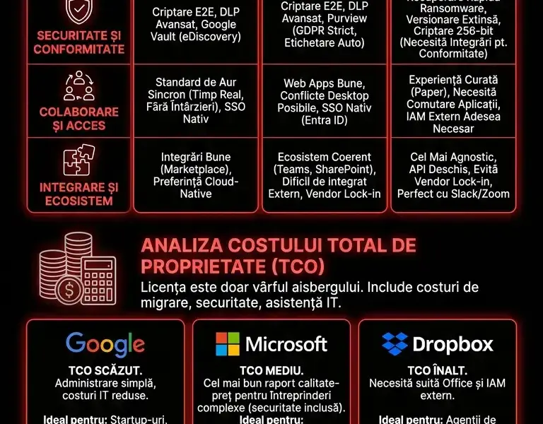 Infografica: Stocare &icirc;n cloud pentru companii: Google Workspace vs. Microsoft 365 vs. Dropbox