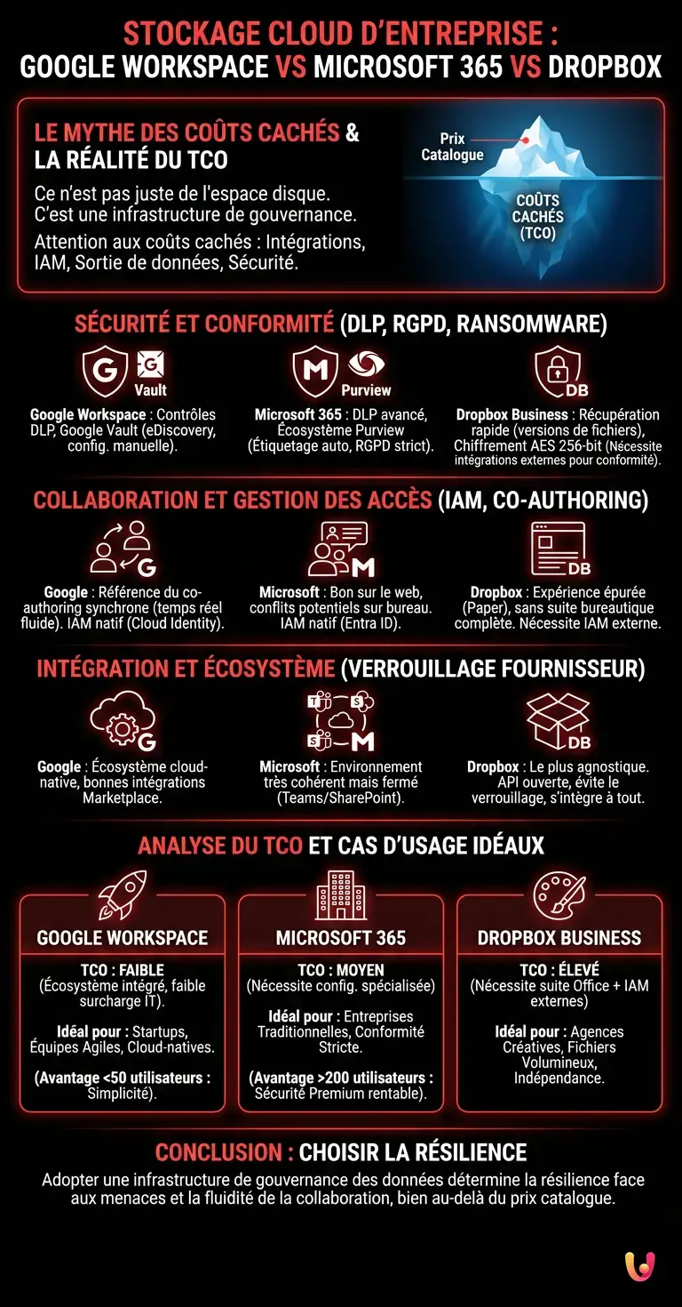 Stockage Cloud d'entreprise&nbsp;: Google Workspace vs Microsoft 365 vs Dropbox - Infographie r&eacute;sumant