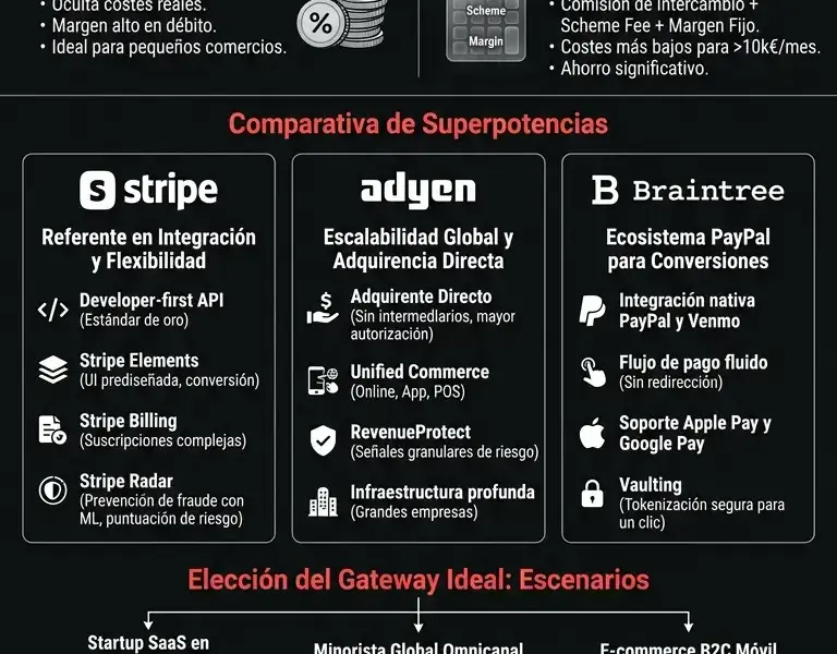 Infografica: Stripe vs. Adyen vs. Braintree: Gu&iacute;a de pasarelas de pago para comercio electr&oacute;nico de alto volumen