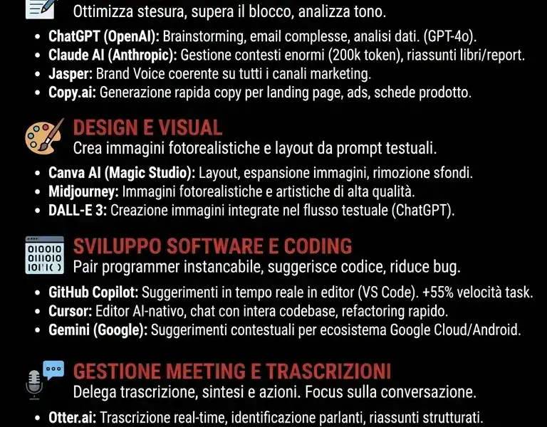 Infografica: Strumenti AI per la Produttivit&agrave;: 15 Tool che Cambiano il Modo di Lavorare