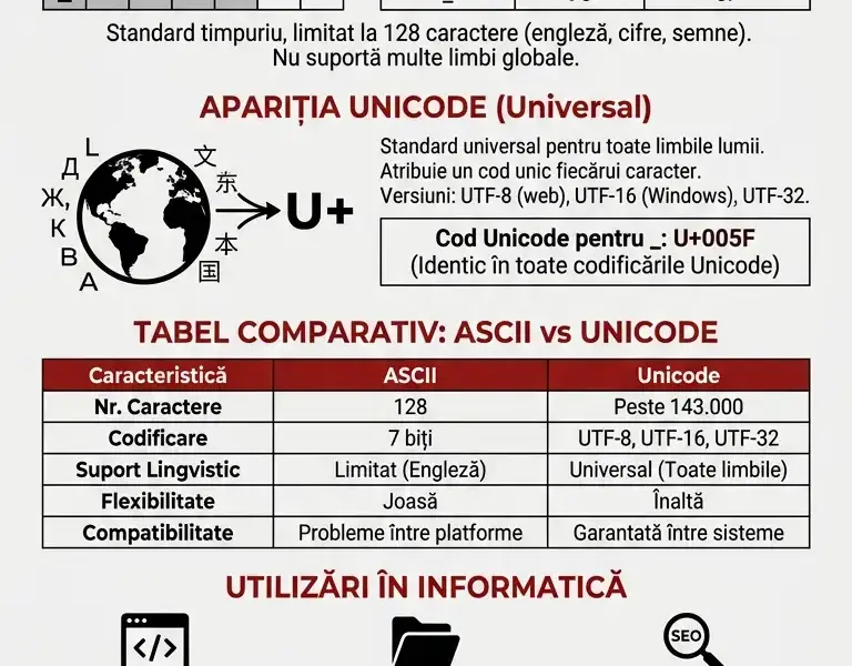 Infografica: Sublinierea: Coduri ASCII și Unicode comparate