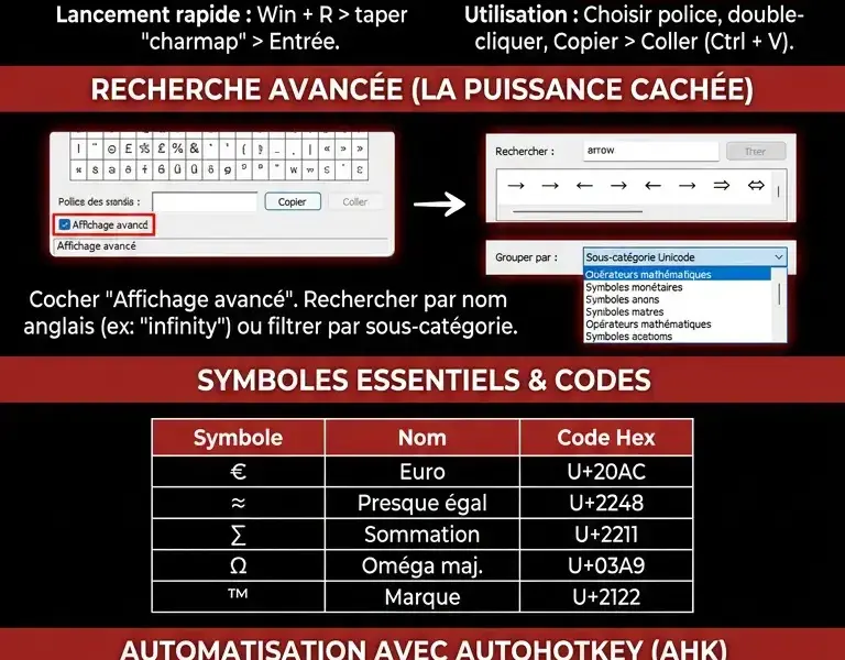 Infografica: Tableau des caract&egrave;res Windows&nbsp;: guide complet de Charmap et de l&rsquo;automatisation