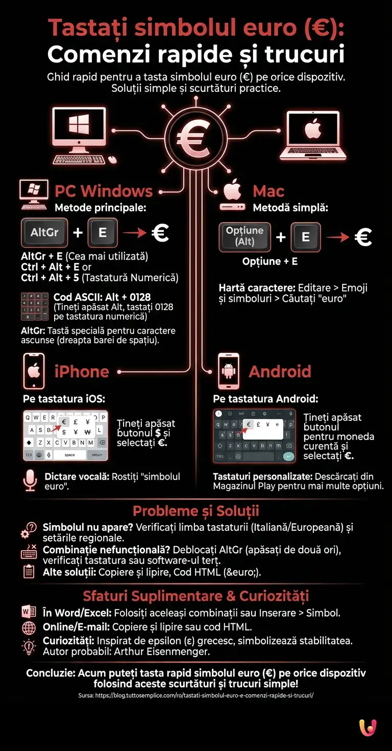 Tastați simbolul euro (&euro;): Comenzi rapide și trucuri - Infografic rezumativ