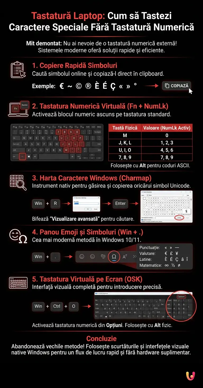 Tastatură laptop: cum să tastezi caractere speciale fără tastatură numerică - Infografic rezumativ