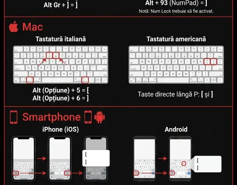 Infografica: Tastează paranteze drepte [ ]: Ghid pentru PC, Mac și smartphone