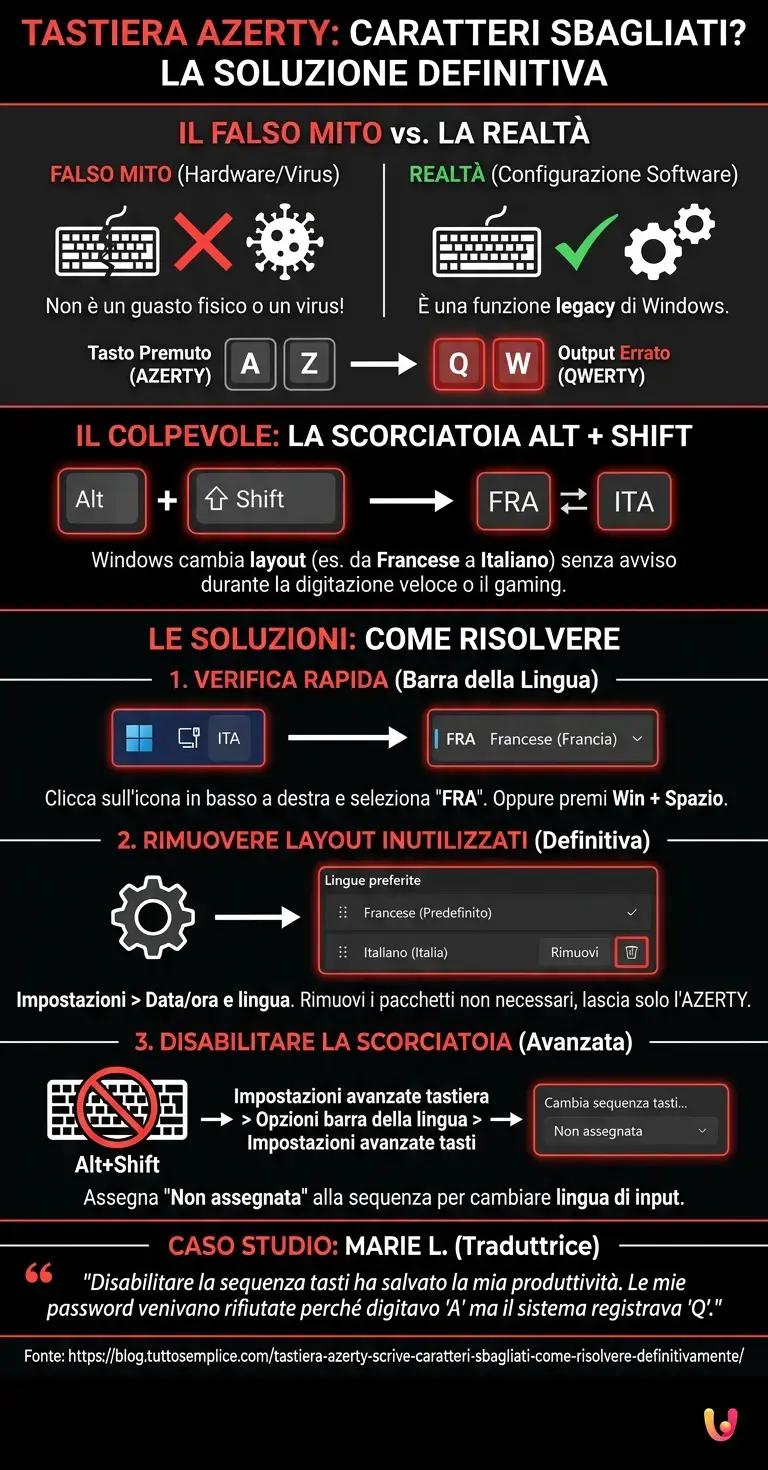 Tastiera AZERTY scrive caratteri sbagliati: come risolvere definitivamente - Infografica riassuntiva