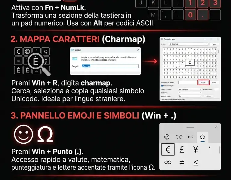 Infografica: Tastiera laptop: come digitare i caratteri speciali senza tastierino numerico