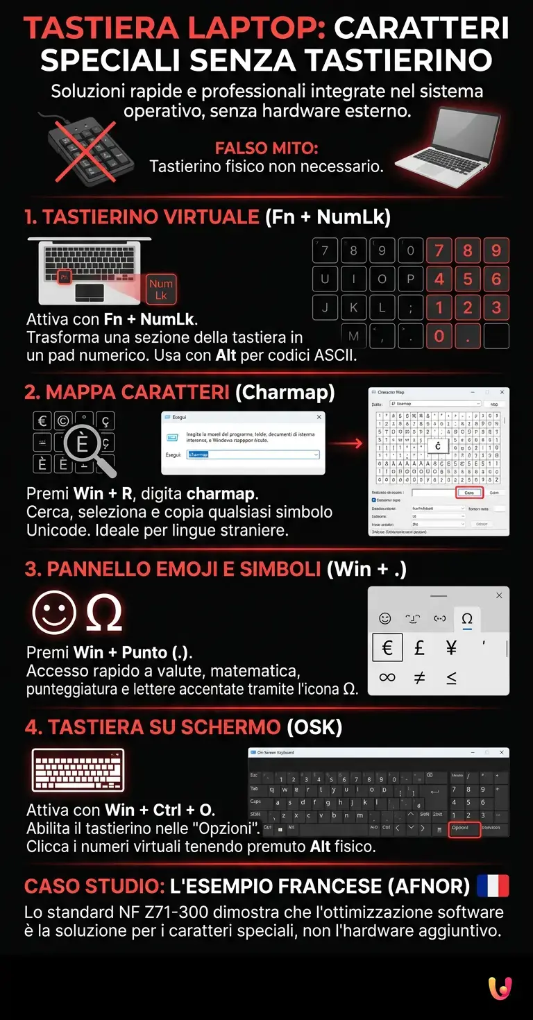 Tastiera laptop: come digitare i caratteri speciali senza tastierino numerico - Infografica riassuntiva