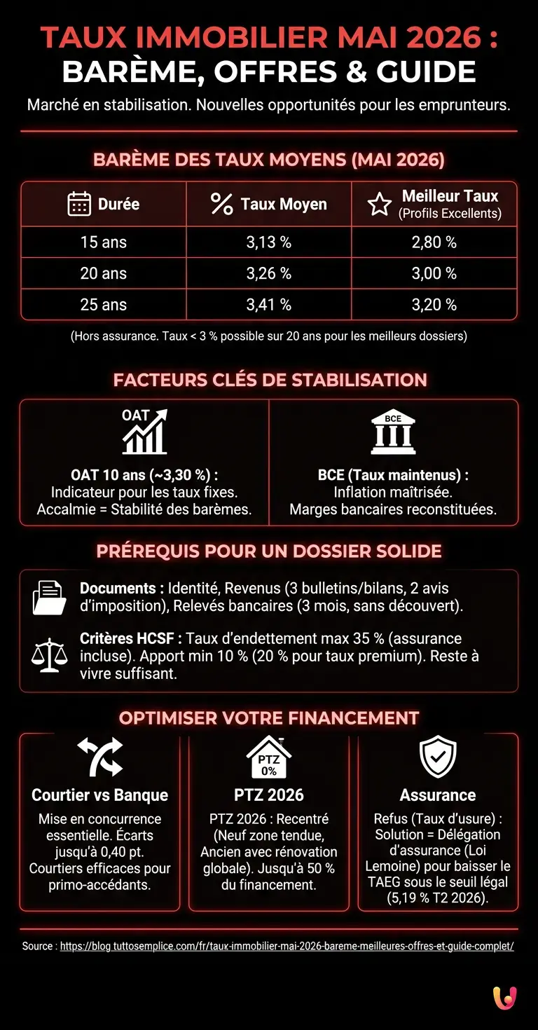 Taux immobilier mai 2026 : Bar&egrave;me, Meilleures Offres et Guide Complet - Infographie r&eacute;sumant
