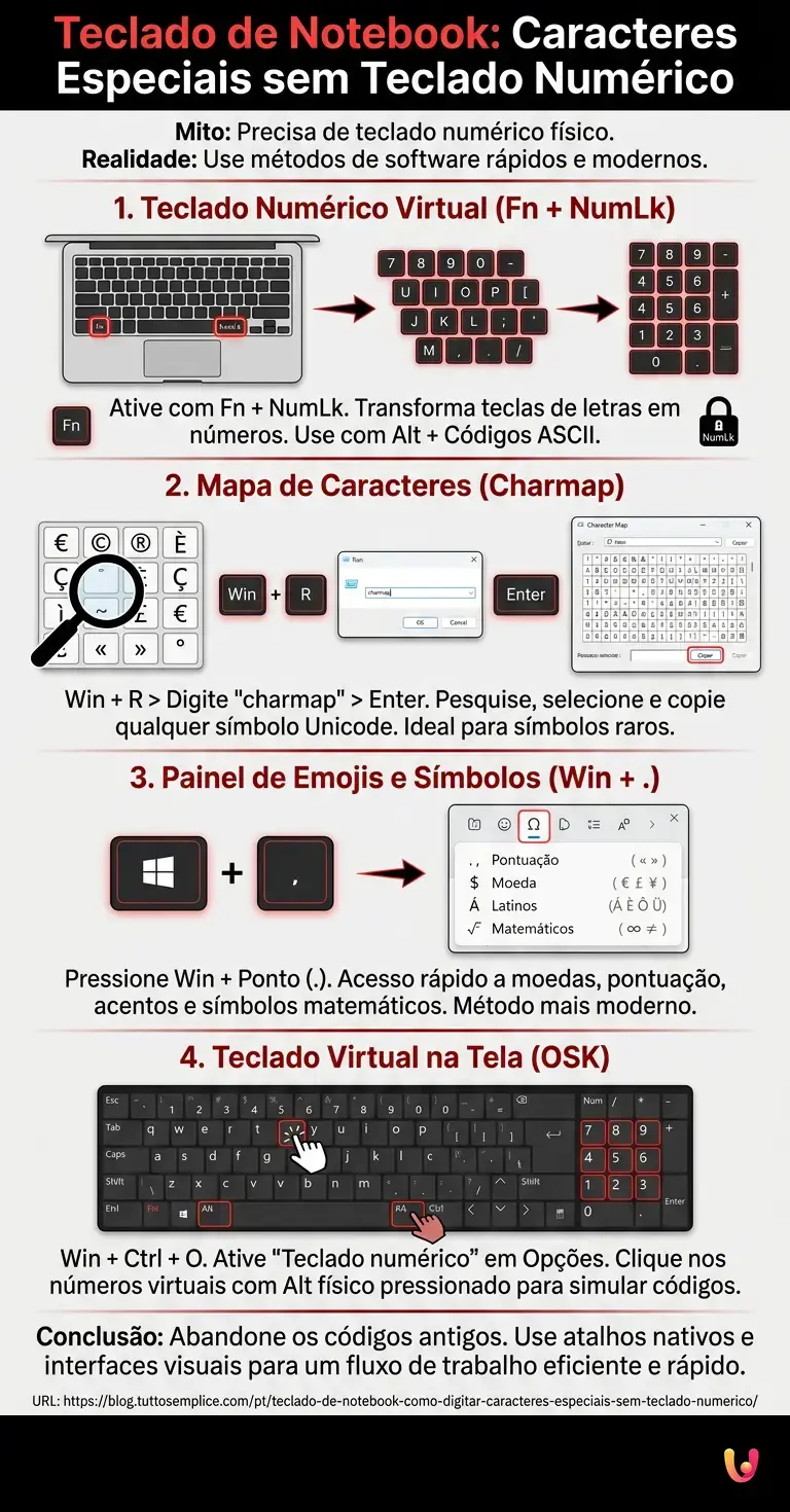 Teclado de notebook: como digitar caracteres especiais sem teclado num&eacute;rico - Infogr&aacute;fico resumido