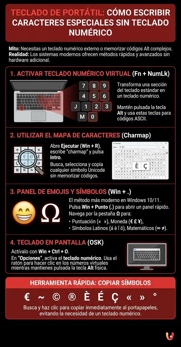 Teclado de port&aacute;til: c&oacute;mo escribir caracteres especiales sin teclado num&eacute;rico - Infograf&iacute;a resumen