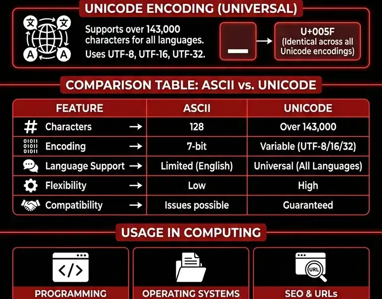 Infografica: The Underscore: ASCII and Unicode Code Comparison