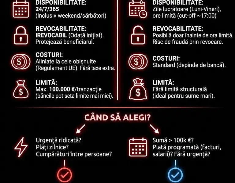 Infografica: Transfer bancar instantaneu sau obișnuit: pe care să &icirc;l alegi și c&acirc;nd