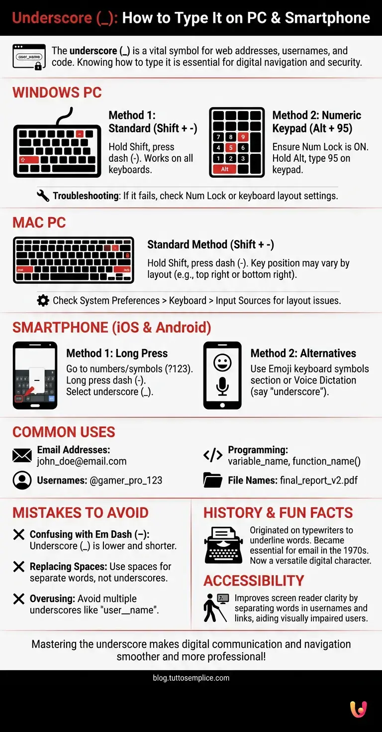 Underscore (_): Here's how to type it on PC and Smartphone - Summary Infographic