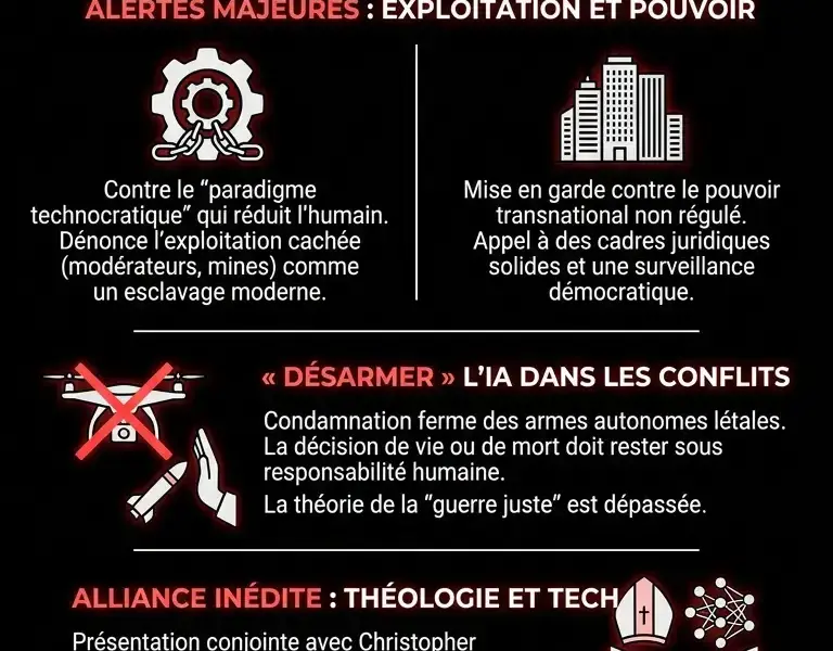 Infografica: Une encyclique du Vatican aborde l'&eacute;thique de l'IA et l'exploitation de la main-d'&oelig;uvre.