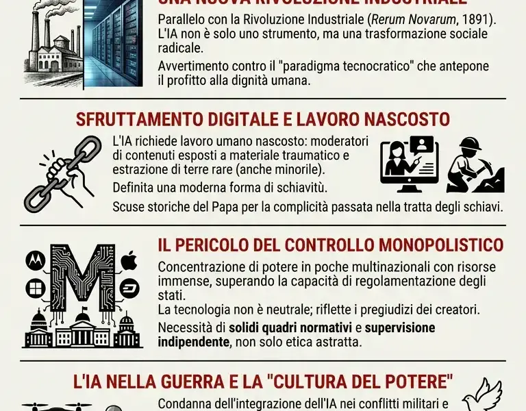 Infografica: Un'enciclica vaticana affronta l'etica dell'IA e lo sfruttamento del lavoro.