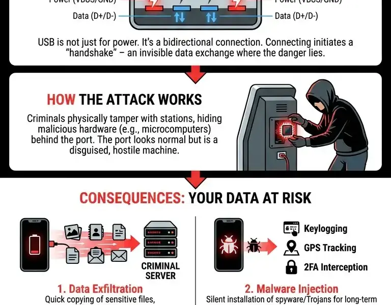 Infografica: USB ports at the airport: the invisible trap that steals your data