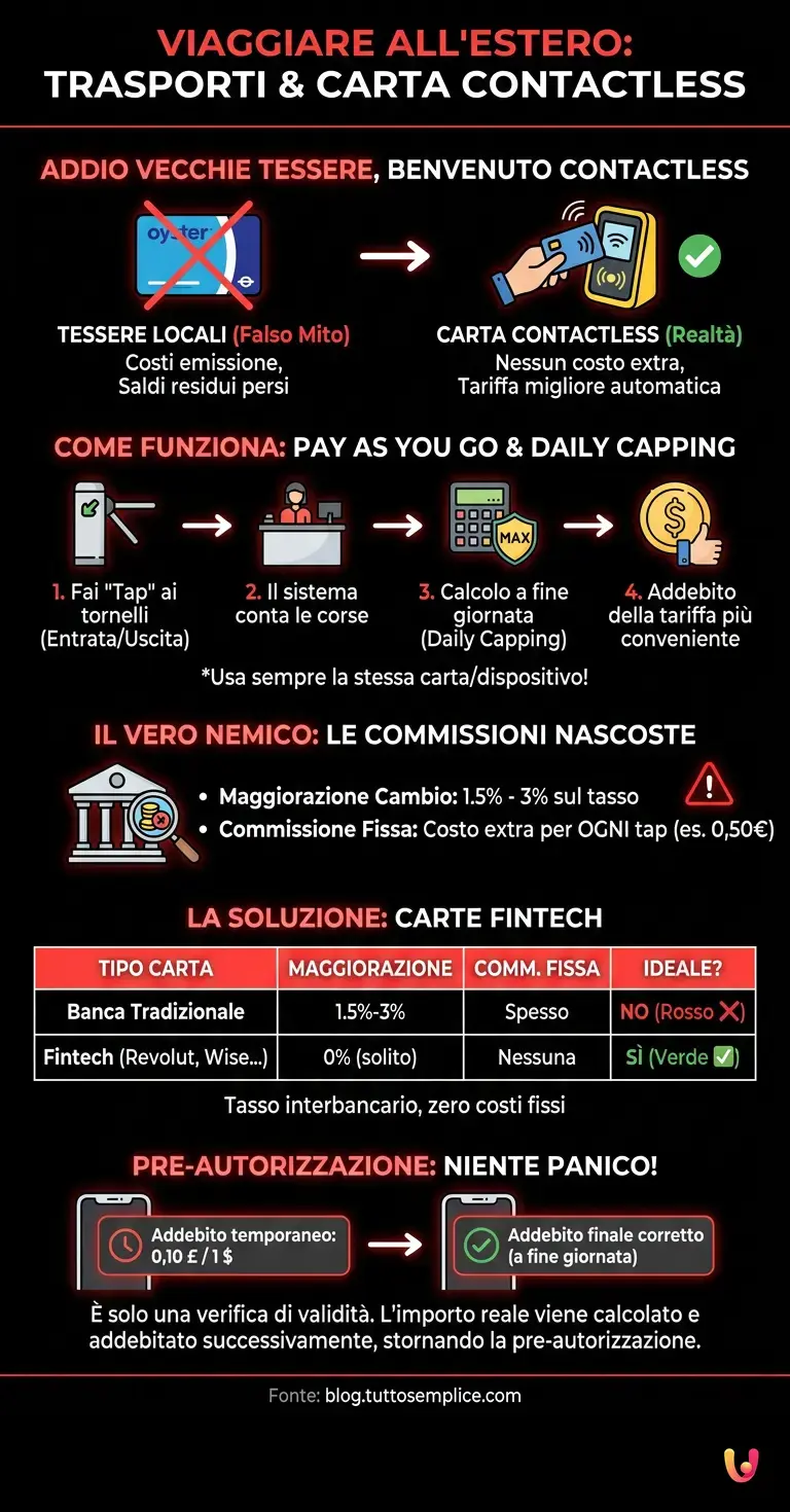 Viaggiare all'estero con una carta contactless: trasporti e commissioni - Infografica riassuntiva