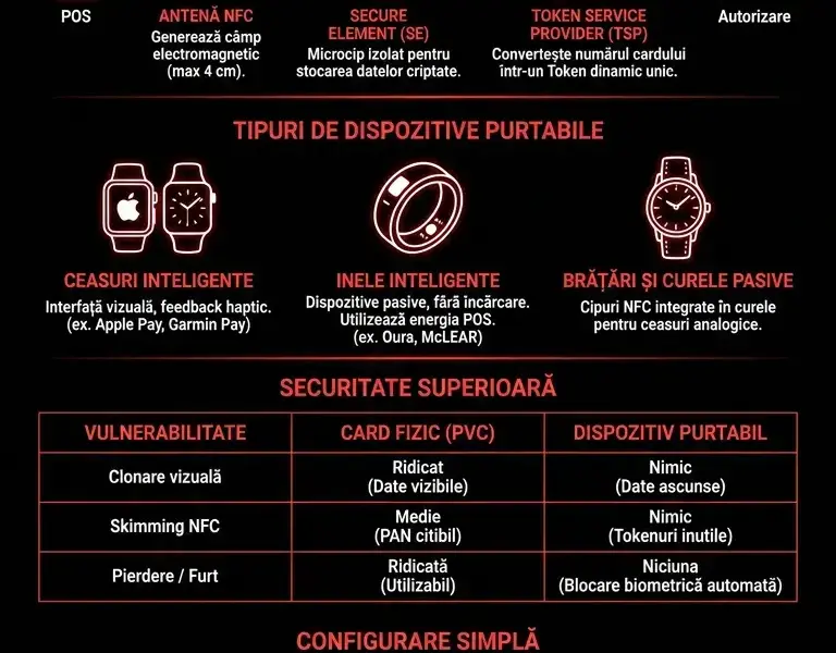 Infografica: Viitorul tehnologiei contactless: ceasuri inteligente, inele inteligente și dispozitive purtabile.