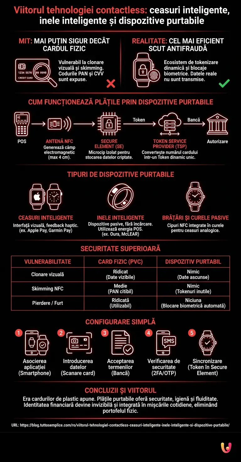Viitorul tehnologiei contactless: ceasuri inteligente, inele inteligente și dispozitive purtabile. - Infografic rezumativ