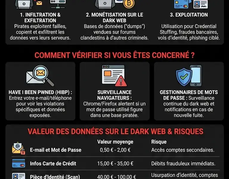 Infografica: Violation de donn&eacute;es : que se passe-t-il avec vos donn&eacute;es et comment v&eacute;rifier si vous avez &eacute;t&eacute; concern&eacute; ?