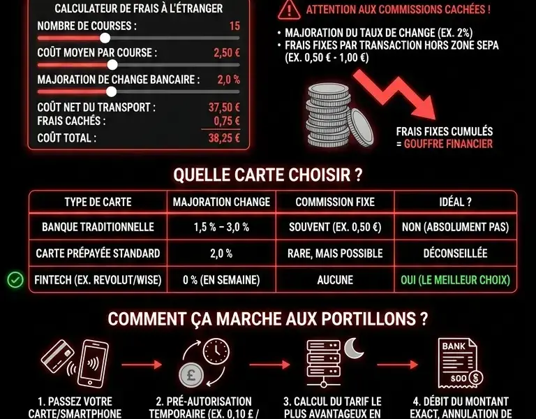 Infografica: Voyager &agrave; l'&eacute;tranger avec une carte sans contact : transports et frais